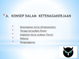 * 
* Kesempatan kerja (Employment) 
* Tenaga kerja(Man Power 
* Angkatan kerja (Labour Force) 
* Pekerja 
* Pengangguran 
 