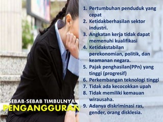 SEBAB-SEBAB TIMBULNYA
1. Pertumbuhan penduduk yang
cepat
2. Ketidakberhasilan sektor
industri.
3. Angkatan kerja tidak dapat
memenuhi kualifikasi
4. Ketidakstabilan
perekonomian, politik, dan
keamanan negara.
5. Pajak penghasilan(PPn) yang
tinggi (progresif)
6. Perkembangan teknologi tinggi
7. Tidak ada kecocokkan upah
8. Tidak memiliki kemauan
wirausaha.
9. Adanya diskriminasi ras,
gender, orang disklesia.
 