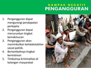 D A M P A K N E G A T I F
PENGANGGURAN
1. Pengangguran dapat
mengurangi pendapatan
perkapita
2. Pengangguran dapat
menurunkan tingkat
kemakmuran
3. Pengangguran akan
menimbulkan ketidakstabilan
sosial politik.
4. Bertambahnya tingkat
kemiskinan
5. Timbulnya kriminalitas di
kalangan masyarakat
 