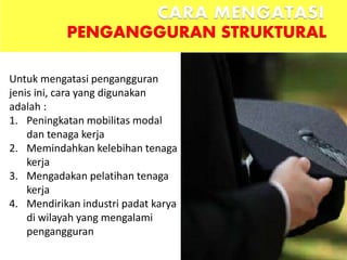 Untuk mengatasi pengangguran
jenis ini, cara yang digunakan
adalah :
1. Peningkatan mobilitas modal
dan tenaga kerja
2. Memindahkan kelebihan tenaga
kerja
3. Mengadakan pelatihan tenaga
kerja
4. Mendirikan industri padat karya
di wilayah yang mengalami
pengangguran
CARA MENGATASI
PENGANGGURAN STRUKTURAL
 
