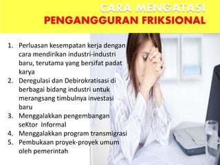 1. Perluasan kesempatan kerja dengan
cara mendirikan industri-industri
baru, terutama yang bersifat padat
karya
2. Deregulasi dan Debirokratisasi di
berbagai bidang industri untuk
merangsang timbulnya investasi
baru
3. Menggalakkan pengembangan
seKtor Informal
4. Menggalakkan program transmigrasi
5. Pembukaan proyek-proyek umum
oleh pemerintah
CARA MENGATASI
PENGANGGURAN FRIKSIONAL
 