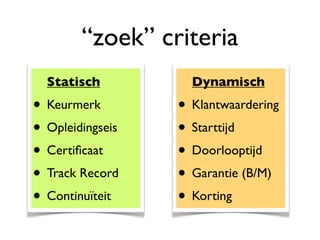 “zoek” criteria
  Statisch          Dynamisch
• Keurmerk        • Klantwaardering
• Opleidingseis   • Starttijd
• Certiﬁcaat      • Doorlooptijd
• Track Record    • Garantie (B/M)
• Continuïteit    • Korting
 