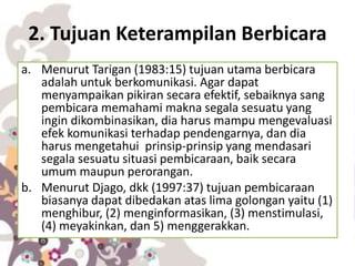 2. Tujuan Keterampilan Berbicara
a. Menurut Tarigan (1983:15) tujuan utama berbicara
adalah untuk berkomunikasi. Agar dapat
menyampaikan pikiran secara efektif, sebaiknya sang
pembicara memahami makna segala sesuatu yang
ingin dikombinasikan, dia harus mampu mengevaluasi
efek komunikasi terhadap pendengarnya, dan dia
harus mengetahui prinsip-prinsip yang mendasari
segala sesuatu situasi pembicaraan, baik secara
umum maupun perorangan.
b. Menurut Djago, dkk (1997:37) tujuan pembicaraan
biasanya dapat dibedakan atas lima golongan yaitu (1)
menghibur, (2) menginformasikan, (3) menstimulasi,
(4) meyakinkan, dan 5) menggerakkan.
 