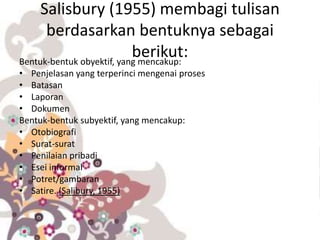 Salisbury (1955) membagi tulisan
berdasarkan bentuknya sebagai
berikut:Bentuk-bentuk obyektif, yang mencakup:
• Penjelasan yang terperinci mengenai proses
• Batasan
• Laporan
• Dokumen
Bentuk-bentuk subyektif, yang mencakup:
• Otobiografi
• Surat-surat
• Penilaian pribadi
• Esei informal
• Potret/gambaran
• Satire. (Salibury, 1955)
 