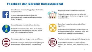 Facebook dan Berpikir Komputasional
Mendefinisikan masalah sehingga dapat diselesaikan
secara komputasi…
Facebook mengubah pencarian teman dan
kelompok menjadi masalah yang bisa diselesaikan
dengan komputer.
Kumpulkan dan atur data secara sistematis…
Facebook mengumpulkan dan mengatur data
tentang pengguna dan teman serta grup mereka
secara konsisten.
Gereralisasi masalah untuk mengidentifikasi
algoritma…
Facebook memiliki algoritma untuk menemukan
atau menyarankan teman, mengenali wajah, dan
memprediksi apa yang disukai pengguna.
Menerapkan algoritma dengan benar dan efisien…
Facebook menangani miliaran pesan setiap hari, jadi
kebenaran dan efisiensi kodenya sangat penting.
Pecahkan masalah baru dengan teknik yang sama…
Facebook telah membuka sumber beberapa
kodenya, mis. Tornado, untuk digunakan di situs
lain.
Mewakili data dan mengidentifikasi abstraksi…
Facebook merepresentasikan dunia secara abstrak
sebagai grafik di mana pengguna dan grup adalah
node dan hubungan adalah tepinya.
15
 