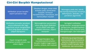 Ciri-Ciri Berpikir Komputasional
Melibatkan proses berpikir
seperti penalaran logis
Dikaitkan dengan, tetapi tidak
terbatas pada, pemecahan
masalah; termasuk
mendefinisikan, memahami, dan
memecahkan masalah
Mmengacu pada alat, teknik,
dan konsep komputasi (misalnya,
dekomposisi, abstraksi, dan
pemikiran algoritmik)
Melibatkan prosedur penataan
secara sistematis dan logis
(algoritma) untuk menghasilkan
solusi yang dapat otomatis
(dapat diprogram)
Memungkinkan pemecahan
solusi yang dapat dilakukan
secara efektif oleh agen
pengolah informasi, seperti
komputer
Seringkali melibatkan
pengumpulan, pengorganisasian
(pengurutan, pengelompokan)
dan analisis data (mencari pola,
ketergantungan, dan hubungan)
Dapat mengarah pada
penciptaan produk, proses, dan
sistem digital
Mengembangkan dan
mendukung keterampilan
berpikir tingkat tinggi seperti
analisis, sintesis, dan evaluasi
Mendukung pengembangan
keterampilan dan kompetensi
abad ke-21/global termasuk
berpikir kreatif, berpikir kritis,
kolaborasi, dan komunikasi
22
 