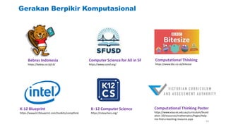 Gerakan Berpikir Komputasional
K-12 Blueprint
https://www.k12blueprint.com/toolkits/compthink
K–12 Computer Science
https://csteachers.org/
Computer Science for All in SF
https://www.csinsf.org/
Computational Thinking Poster
https://www.vcaa.vic.edu.au/curriculum/found
ation-10/resources/mathematics/Pages/Help-
me-find-a-teaching-resource.aspx
Computational Thinking
https://www.bbc.co.uk/bitesize
Bebras Indonesia
https://bebras.or.id/v3/
54
 