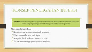 KONSEP PENCEGAHAN INFEKSI
Cara penularan infeksi
Kontak secara langsung atau tidak langsung
Udara yaitu debu atau kulit lepas
Alat yaitu darah,makanan, cairan itra vena
Vektor atau serangga yaitu nyamuk atau lalat
INFEKSI adalah masuknya mikroorganisme kedalam tubuh melalui udara,darah,cairan tubuh, atau
kontak langsung sehingga menimbulkan gejala dan tanda suatu penyakit
 