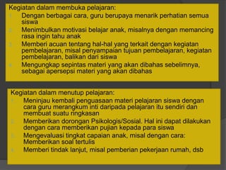 Kegiatan dalam menutup pelajaran:
1. Meninjau kembali penguasaan materi pelajaran siswa dengan
cara guru merangkum inti daripada pelajaran itu sendiri dan
membuat suatu ringkasan
2. Memberikan dorongan Psikologis/Sosial. Hal ini dapat dilakukan
dengan cara memberikan pujian kepada para siswa
3. Mengevaluasi tingkat capaian anak, misal dengan cara:
Memberikan soal tertulis
4. Memberi tindak lanjut, misal pemberian pekerjaan rumah, dsb
Kegiatan dalam membuka pelajaran:
1. Dengan berbagai cara, guru berupaya menarik perhatian semua
siswa
2. Menimbulkan motivasi belajar anak, misalnya dengan memancing
rasa ingin tahu anak
3. Memberi acuan tentang hal-hal yang terkait dengan kegiatan
pembelajaran, misal penyampaian tujuan pembelajaran, kegiatan
pembelajaran, balikan dari siswa
4. Mengungkap sepintas materi yang akan dibahas sebelimnya,
sebagai apersepsi materi yang akan dibahas
 