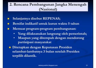 2. Rencana Pembangunan Jangka Menengah
                   (Nasional)

    Selanjutnya disebut REPENAS;
    Bersifat indikatif
     B if i dik if untuk k k kurun waktu 5 tahun
                                     k       h
    Memuat program-program pembangunan:
               p g
               program-p g      p      g
      • Yang dilaksanakan langsung oleh pemerintah;
      • Maupun yang ditempuh dengan mendorong
         partisipasi masyarakat
    Ditetapkan dengan Keputusan Presiden
     selambat-lambatnya 3 bulan setelah Presiden
     selambat-          y
     terpilih dilantik.
              dilantik.

                     dadang-solihin.blogspot.com   21
 