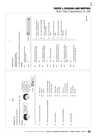 15ket handbook for teachers | paper 1: reading and writing | sample paper – test 1
PAPER 1: READING AND WRITING
Test 1 Part 3 (questions 11–20)
 