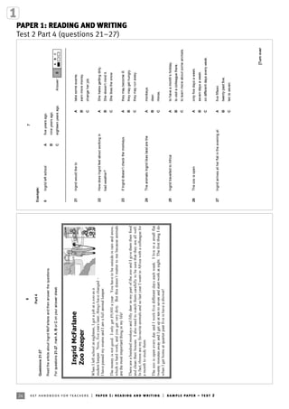 24 ket handbook for teachers | paper 1: reading and writing | sample paper – test 2
PAPER 1: READING AND WRITING
Test 2 Part 4 (questions 21–27)
 