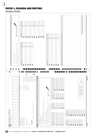 30 ket handbook for teachers | paper 1: reading and writing | answer sheet
PAPER 1: READING AND WRITING
Answer sheet
Supervisor:
KETPaper1ReadingandWritingCandidateAnswerSheet
0000
1
2
3
4
5
6
7
8
9
1
2
3
4
5
6
7
8
9
1
2
3
4
5
6
7
8
9
1
2
3
4
5
6
7
8
9
CandidateName
Ifnotalreadyprinted,writename
inCAPITALSandcompletethe
CandidateNo.grid(inpencil).
CandidateSignature
ExaminationTitle
Centre
IfthecandidateisABSENTorhasWITHDRAWNshadehere
CandidateNo.
CentreNo.
Examination
Details
Instructions
UseaPENCIL(BorHB).
Ruboutanyansweryouwanttochangewithaneraser.
ForParts1,2,3,4and5:
MarkONEletterforeachquestion.
Forexample,ifyouthinkCistherightanswertothe
question,markyouranswersheetlikethis:
Part1
2
1
4
3
5
ABC
ABC
D
D
E
E
F
F
G
G
H
H
ABC
ABC
D
D
E
E
F
F
G
G
H
H
ABCDEFGH
0ABC
Part2
7
6ABC
ABC
9
8
10
ABC
ABC
ABC
Part3
12
11ABC
ABC
14
13
15
ABC
ABC
ABC
17
16ABC
ABC
19
18
20
D
D
E
E
F
F
G
G
H
H
ABC
ABC
D
D
E
E
F
F
G
G
H
H
ABCDEFGH
Part4
22
21ABC
ABC
24
23
25
ABC
ABC
ABC
Part5
29
28ABC
ABC
31
30
32
ABC
ABC
ABC
26
27
ABC
ABC
33
34
ABC
ABC
35ABC
Turnoverfor
Parts6-9
KETRWDP488/386
Part7
42
4101
01
41
42
Donot
writehere
44
4301
01
43
44
450145
Part9(Question56):Writeyouranswerbelow.
460146
470147
480148
490149
500150
Part8
52
5101
01
51
52
Donot
writehere
54
5301
01
53
54
550155
01
Donotwritebelow(Examineruseonly).
2345
Part6
37
3601
01
36
Donot
writehere
39
3801
01
38
39
400140
37
ForParts6,7and8:
Writeyouranswersinthespacesnexttothe
numbers(36to55)likethis:
0
30
 