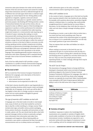 3ket handbook for teachers | examination content and processing
interaction takes place between the reader and the external
features of the text and task. Purpose and context for reading
shape these interactions and this is reflected through the use
of different text and task types which link to a relevant target
language use context beyond the test. Writing ability is also
regarded as a linguistic, cognitive, social and cultural
phenomenon that takes place in a specific context and for a
particular purpose. Like Reading, KET Writing involves a series
of interactions between the task and the writers, who are
required to draw on different aspects of their knowledge and
experience to produce a written performance for evaluation.
KET Writing tasks vary in complexity from tasks requiring
single word answers to a communicative task requiring up to
35 words of output. Listening, like reading, is a multi-
dimensional skill, involving interaction between the listener
and the external features of the text and task and the test
employs a range of text and task types to reflect the variety of
situations a learner at this level is likely to encounter. As with
writing, speaking involves multiple competencies including
vocabulary and grammatical knowledge, phonological control,
knowledge of discourse, and pragmatic awareness, which are
particularly distinct from their equivalents in the written
language. Since speaking generally involves reciprocal oral
interaction with others, Speaking in KET is assessed directly,
through a face-to-face encounter between candidates and
examiners.
Each of the four skills tested in KET provides a unique
contribution to a profile of overall communicative language
ability that defines what a candidate can do at this level.
I The level of KET
KET is at Level A2 of the Common European Framework of
Reference for Languages, and a description of this level is
given below in terms of:
• what material learners can handle
• what learners can be expected to be able to do.
At this level a learner should be able to cope linguistically in a
range of everyday situations which require a basic and largely
predictable use of language. An A2 Level user will be able to
use English in their own or a foreign country in contact with
native and non-native speakers of English for general
purposes as described below.
The type of materials a KET candidate can deal with
A language user at this level needs to be able to read simple
texts, many of which are of the kind needed for survival in
day-to-day life or while travelling in a foreign country. These
include street signs and public notices, product packaging,
forms, posters, brochures, city guides and instructions on how
to make a phone call. The user should also be able to deal with
personal messages written as letters or postcards, and gain
some information from informative texts taken from
newspapers and magazines. Where listening skills are
concerned, a user needs to understand the basic facts given in
announcements such as at railway stations and airports,
traffic information given on the radio, and public
announcements made at sporting events or pop concerts.
What a KET candidate can do
In the context of work, a language user at this level can handle
basic enquiries related to their own familiar job area, dealing,
for example, with questions about prices, quantities of goods
ordered, or delivery dates. In a meeting, they could provide
straightforward facts if asked directly, but cannot follow a
discussion. On the telephone, they could take the name of a
caller and note down a simple message including a phone
number.
If travelling as a tourist, a user is able to find out what time a
tour starts and how much something costs. They can
understand the outline of the information given on a guided
tour, as long as it is in a predictable context, but can ask only
very simple questions to get more information.
They can express their own likes and dislikes, but only in
simple terms.
Where reading is concerned, at this level the user can
understand the gist of a tourist brochure with the help of a
dictionary, to the extent of being able to identify the starting
and finishing times of a guided tour and what will be seen on
the tour. They can write very simple personal letters,
expressing thanks, or a basic message, although there may be
elementary mistakes.
The ALTE ‘Can Do’ Project
The Association of Language Testers in Europe (ALTE) has
developed a framework which covers six levels of language
proficiency aligned to the Council of Europe Common
European Framework of Reference for Languages. (See table 1.)
Research carried out by ALTE has shown what language
learners can typically do at each level. Table 2 (overleaf) gives
some examples at KET level of typical general ability plus
ability in each of the skill areas and a range of contexts.
Cambridge Main Suite CEFR levels
Certiﬁcate of Proﬁciency in English
Certiﬁcate in Advanced English
First Certiﬁcate in English
Preliminary English Test
Key English Test
C2
C1
B2
B1
A2
A1
Table 1
I Varieties of English
Candidates’ responses to tasks in the Cambridge ESOL
examinations are acceptable in varieties of English which
would enable candidates to function in the widest range of
international contexts. Candidates are expected to use a
particular variety with some degree of consistency in areas
such as spelling, and not for example switch from using a
 