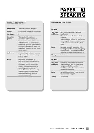 49ket handbook for teachers | paper 3: speaking
3PAPER
SPEAKING
GENERAL DESCRIPTION
Paper format The paper contains two parts.
Timing 8–10 minutes per pair of candidates.
No. of parts 2.
Interaction The standard format is two
pattern candidates and two examiners.
One examiner acts as both assessor
and interlocutor and manages the
interaction by asking questions and
setting up the tasks. The other acts
as assessor and does not join in the
conversation.
Task types Short exchanges with the examiner
and an interactive task involving
both candidates.
Marks Candidates are assessed on
their performance throughout the
test.
Candidates are not expected to
produce completely accurate or
fluent language, but they are
expected to interact appropriately
and intelligibly. The emphasis in
assessment is on the ability to
communicate clearly.
STRUCTURE AND TASKS
PART 1
Task type Each candidate interacts with the
and format interlocutor.
The interlocutor asks the candidates
questions.
The interlocutor follows an interlocutor
frame to guide the conversation, ensure
standardisation and control level of
input.
Focus Language normally associated with
meeting people for the first time, giving
information of a factual personal kind.
Bio-data type questions to respond to.
Timing 5–6 minutes.
PART 2
Task type Candidates interact with each other.
and format The interlocutor sets up the activity
using a standardised rubric.
Candidates ask and answer questions
using prompt material.
Focus Factual information of a non-personal
kind related to daily life.
Timing 3–4 minutes.
 
