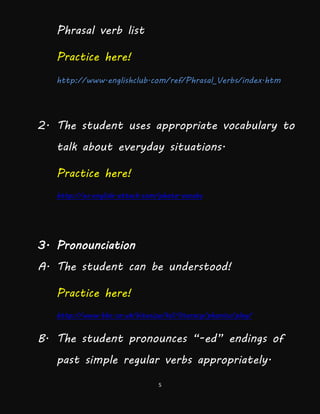 5
Phrasal verb list
Practice here!
http://www.englishclub.com/ref/Phrasal_Verbs/index.htm
2. The student uses appropriate vocabulary to
talk about everyday situations.
Practice here!
http://es.english-attack.com/photo-vocabs
3. Pronounciation
A. The student can be understood!
Practice here!
http://www.bbc.co.uk/bitesize/ks1/literacy/phonics/play/
B. The student pronounces “-ed” endings of
past simple regular verbs appropriately.
 