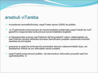arsebuli viTareba
 miuxedavad zemoaRniSnulisa, saqarTvelos kanoni (2005) da politika

    ar iTvaliswinebs konkurenciisa da momxmarebelis problemebs saqarTveloSi da maTi
    gadaWris meqanizmebs konkurenciuli kanonmdeblobis farglebSi

 ar Seesabameba qveynis saerTaSoriso SeTanxmebebiT nakisr valdebulebebs da
    saerTaSoriso doneze aRiarebul biznesis SemzRudavi praqtikis saxelmwifo kontrolis
    wesebsa da principebs

 qveyanas ar gaaCnia konkurenciis procesebis damcavi sakanonmdeblo baza, arc
    Sesabamisi instituti da arc aRsrulebis sando praqtika.

 saqarTveloSi konkurenciuli politikis roli ekonomikuri reformebis procesSi saerTod
    ugulvebelyofilia. G
 