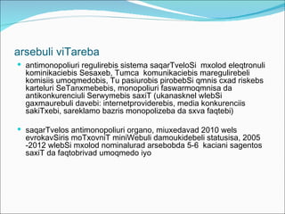 arsebuli viTareba
 antimonopoliuri regulirebis sistema saqarTveloSi mxolod eleqtronuli
  kominikaciebis Sesaxeb, Tumca komunikaciebis maregulirebeli
  komisiis umoqmedobis, Tu pasiurobis pirobebSi qmnis cxad riskebs
  karteluri SeTanxmebebis, monopoliuri faswarmoqmnisa da
  antikonkurenciuli Serwymebis saxiT (ukanasknel wlebSi
  gaxmaurebuli davebi: internetproviderebis, media konkurenciis
  sakiTxebi, sareklamo bazris monopolizeba da sxva faqtebi)

 saqarTvelos antimonopoliuri organo, miuxedavad 2010 wels
  evrokavSiris moTxovniT miniWebuli damoukidebeli statusisa, 2005
  -2012 wlebSi mxolod nominalurad arsebobda 5-6 kaciani sagentos
  saxiT da faqtobrivad umoqmedo iyo
 