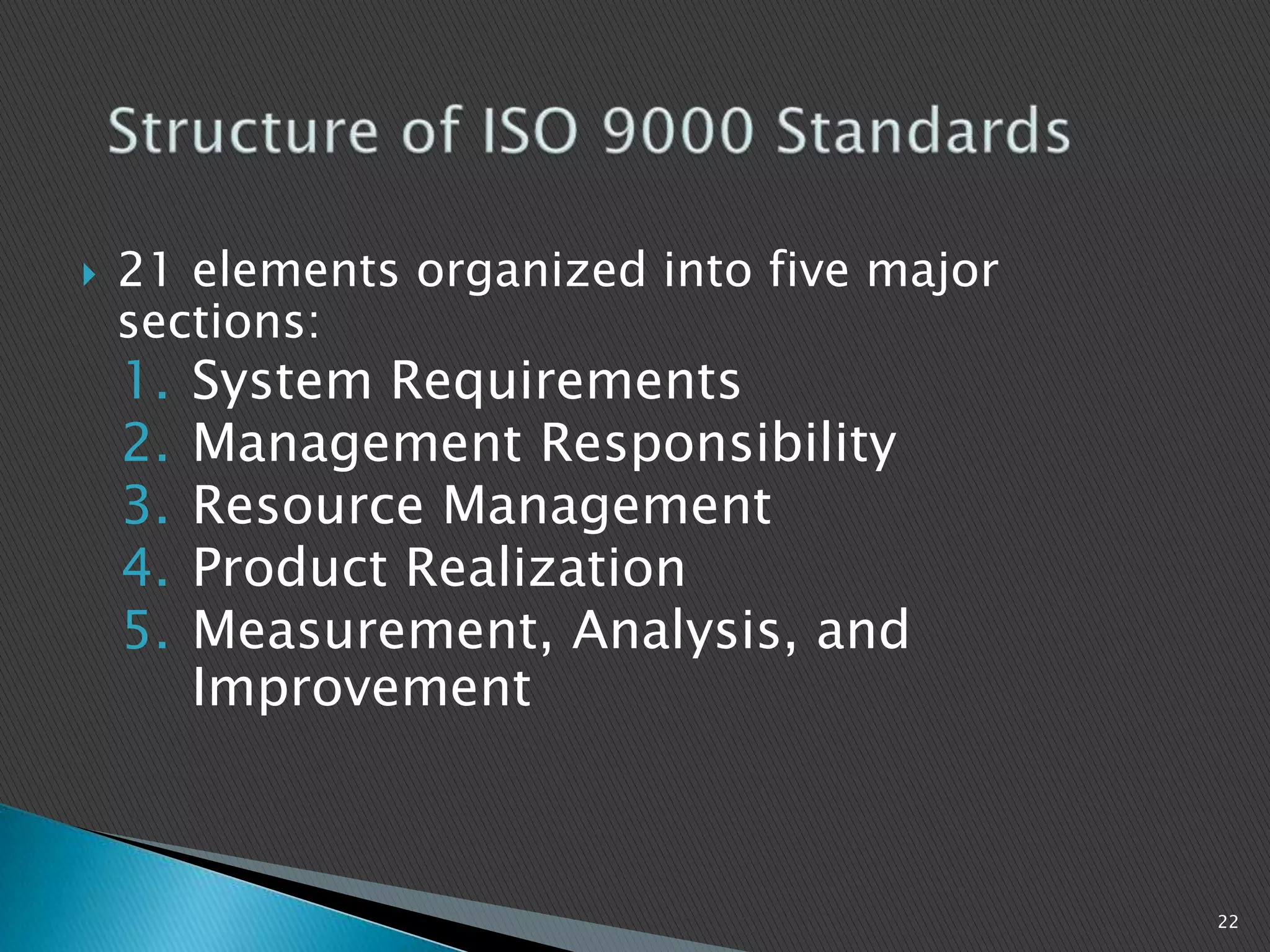  21 elements organized into five major
sections:
1. System Requirements
2. Management Responsibility
3. Resource Management
4. Product Realization
5. Measurement, Analysis, and
Improvement
22
 