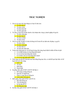 TRẮC NGHIỆM 
1. Căn cứ vào mục tiêu hoạt động ta có loại tổ chức nào: 
a. Tổ chức kinh tế 
b. Tổ chức xã hội 
c. Tổ chức đoàn thể 
d. Tổ chức quân đội 
2. Tổ chức có mục tiêu là kinh doanh có lợi nhuận như công ty, doanh nghiệp thì gọi là: 
a. Tổ chức chính phủ 
b. Tổ chức kinh tế 
c. Tổ chức từ thiện 
d. Tổ chức xã hội 
3. Căn cứ vào liên hệ giữa tổ chức & thông tin kế toán để xác định mức độ phục vụ gọi là: 
a. Tổ chức xã hội 
b. Tổ chức chính phủ 
c. Tổ chức kinh tế 
d. Tổ chức phi chính phủ 
4. Trong chức năng quản trị, các kế hoạch trong chức năng hoạch định là nhằm để làm trừ phi 
a. Cơ sở định hướng các hoạt động kinh doanh 
b. Cơ sở chỉ đạo hoạt động kinh doanh 
c. Cơ sở kiểm soát các hoạt động kinh doanh 
d. Cơ sở xin nộp chậm thuế TNDN 
5. Chức năng của nhà QT đảm bảo mọi hoạt động đúng mục tiêu, so sánh kết quả thực hiện với kế 
hoạch đề ra là chức năng: 
a. Kiểm soát 
b. Tổ chức 
c. Điều hành 
d. Hoạch định 
6. Sự giống nhau giữa KTQT và KTTC thể hiện ở 
a. Đối tượng sử dụng thông tin 
b. Quan hệ với ngành học 
c. Phạm vi cung cấp các thông tin 
d. Trách nhiệm nhà quản trị 
7. Điểm giống nhau giữa KTQT và KTTC là: 
a. Đặc điểm thông tin 
b. Yêu cầu thông tin 
c. Kỳ hạn lập BCTC 
d. Hệ thống ghi chép 
8. Sự khác nhau giữa KTQT và KTTC thể hiện ở 
 