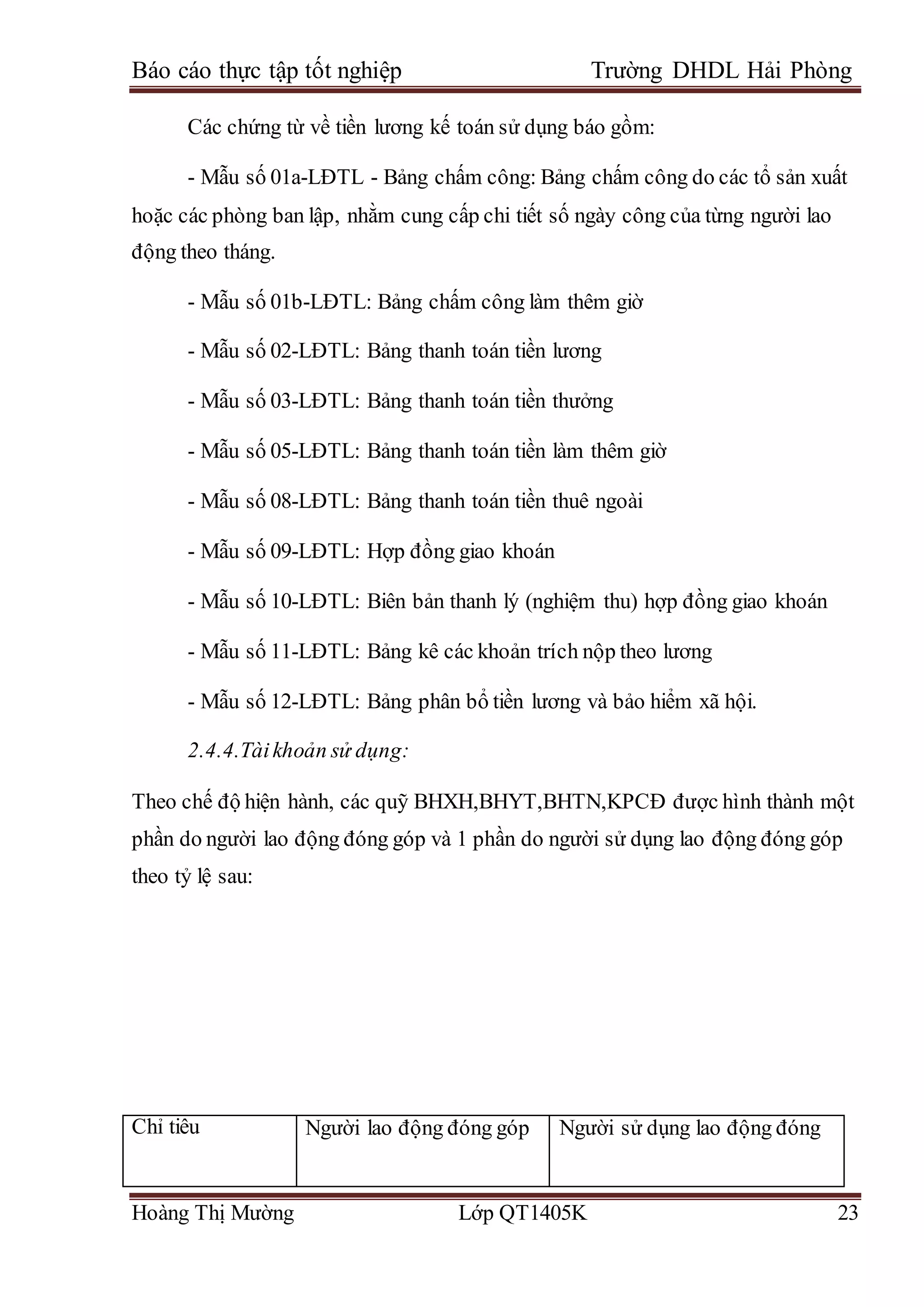 Báo cáo thực tập tốt nghiệp Trường DHDL Hải Phòng
Hoàng Thị Mường Lớp QT1405K 23
Các chứng từ về tiền lương kế toán sử dụng báo gồm:
- Mẫu số 01a-LĐTL - Bảng chấm công: Bảng chấm công do các tổ sản xuất
hoặc các phòng ban lập, nhằm cung cấp chi tiết số ngày công của từng người lao
động theo tháng.
- Mẫu số 01b-LĐTL: Bảng chấm công làm thêm giờ
- Mẫu số 02-LĐTL: Bảng thanh toán tiền lương
- Mẫu số 03-LĐTL: Bảng thanh toán tiền thưởng
- Mẫu số 05-LĐTL: Bảng thanh toán tiền làm thêm giờ
- Mẫu số 08-LĐTL: Bảng thanh toán tiền thuê ngoài
- Mẫu số 09-LĐTL: Hợp đồng giao khoán
- Mẫu số 10-LĐTL: Biên bản thanh lý (nghiệm thu) hợp đồng giao khoán
- Mẫu số 11-LĐTL: Bảng kê các khoản trích nộp theo lương
- Mẫu số 12-LĐTL: Bảng phân bổ tiền lương và bảo hiểm xã hội.
2.4.4.Tàikhoản sử dụng:
Theo chế độ hiện hành, các quỹ BHXH,BHYT,BHTN,KPCĐ được hình thành một
phần do người lao động đóng góp và 1 phần do người sử dụng lao động đóng góp
theo tỷ lệ sau:
Chỉ tiêu Người lao động đóng góp Người sử dụng lao động đóng
 