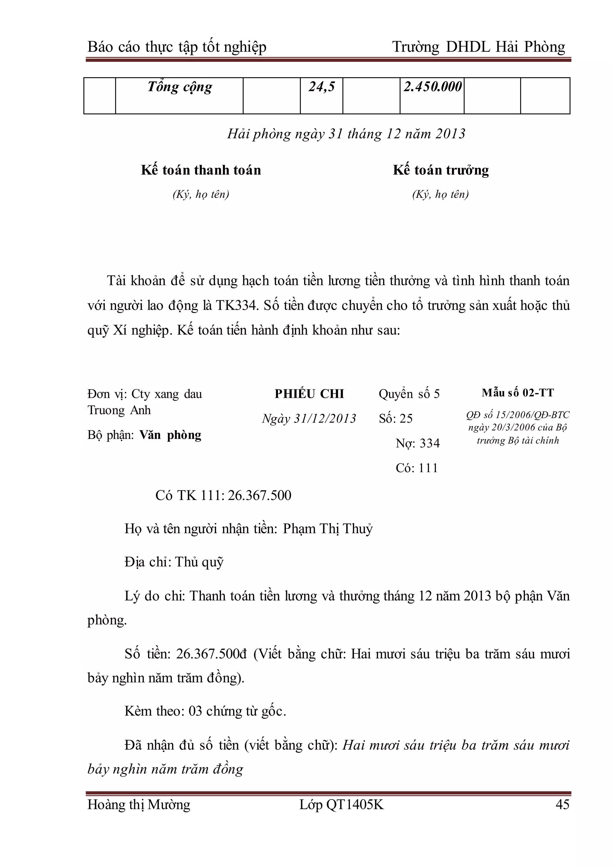 Báo cáo thực tập tốt nghiệp Trường DHDL Hải Phòng
Hoàng thị Mường Lớp QT1405K 45
Tổng cộng 24,5 2.450.000
Hải phòng ngày 31 tháng 12 năm 2013
Kế toán thanh toán
(Ký, họ tên)
Kế toán trưởng
(Ký, họ tên)
Tài khoản để sử dụng hạch toán tiền lương tiền thưởng và tình hình thanh toán
với người lao động là TK334. Số tiền được chuyển cho tổ trưởng sản xuất hoặc thủ
quỹ Xí nghiệp. Kế toán tiến hành định khoản như sau:
Có TK 111: 26.367.500
Họ và tên người nhận tiền: Phạm Thị Thuỷ
Địa chỉ: Thủ quỹ
Lý do chi: Thanh toán tiền lương và thưởng tháng 12 năm 2013 bộ phận Văn
phòng.
Số tiền: 26.367.500đ (Viết bằng chữ: Hai mươi sáu triệu ba trăm sáu mươi
bảy nghìn năm trăm đồng).
Kèm theo: 03 chứng từ gốc.
Đã nhận đủ số tiền (viết bằng chữ): Hai mươi sáu triệu ba trăm sáu mươi
bảy nghìn năm trăm đồng
Đơn vị: Cty xang dau
Truong Anh
Bộ phận: Văn phòng
PHIẾU CHI
Ngày 31/12/2013
Quyển số 5
Số: 25
Nợ: 334
Có: 111
Mẫu số 02-TT
QĐ số 15/2006/QĐ-BTC
ngày 20/3/2006 của Bộ
trưởng Bộ tài chính
 