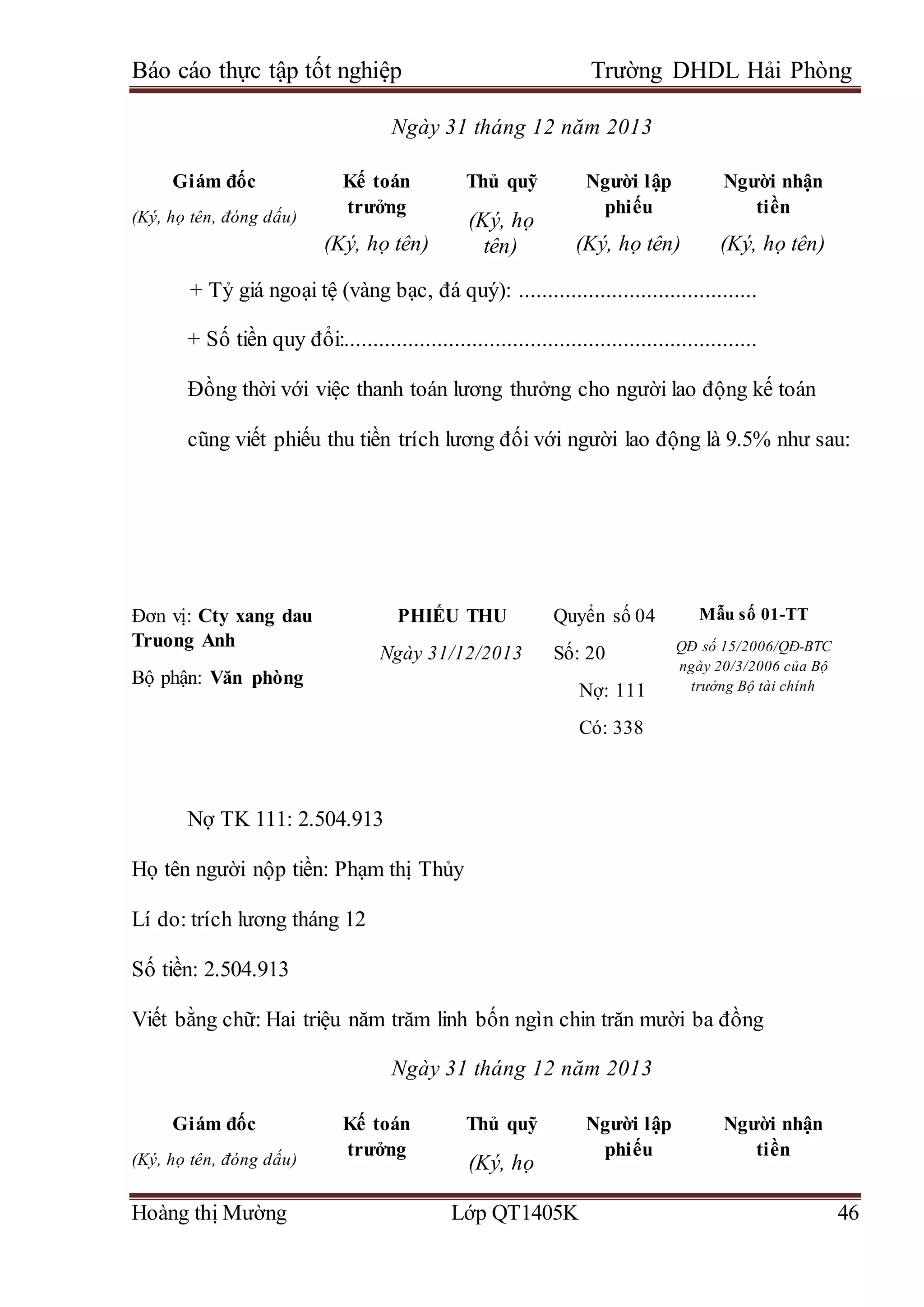 Báo cáo thực tập tốt nghiệp Trường DHDL Hải Phòng
Hoàng thị Mường Lớp QT1405K 46
Ngày 31 tháng 12 năm 2013
Giám đốc
(Ký, họ tên, đóng dấu)
Kế toán
trưởng
(Ký, họ tên)
Thủ quỹ
(Ký, họ
tên)
Người lập
phiếu
(Ký, họ tên)
Người nhận
tiền
(Ký, họ tên)
+ Tỷ giá ngoại tệ (vàng bạc, đá quý): .........................................
+ Số tiền quy đổi:.......................................................................
Đồng thời với việc thanh toán lương thưởng cho người lao động kế toán
cũng viết phiếu thu tiền trích lương đối với người lao động là 9.5% như sau:
Nợ TK 111: 2.504.913
Họ tên người nộp tiền: Phạm thị Thủy
Lí do: trích lương tháng 12
Số tiền: 2.504.913
Viết bằng chữ: Hai triệu năm trăm linh bốn ngìn chin trăn mười ba đồng
Ngày 31 tháng 12 năm 2013
Giám đốc
(Ký, họ tên, đóng dấu)
Kế toán
trưởng
Thủ quỹ
(Ký, họ
Người lập
phiếu
Người nhận
tiền
Đơn vị: Cty xang dau
Truong Anh
Bộ phận: Văn phòng
PHIẾU THU
Ngày 31/12/2013
Quyển số 04
Số: 20
Nợ: 111
Có: 338
Mẫu số 01-TT
QĐ số 15/2006/QĐ-BTC
ngày 20/3/2006 của Bộ
trưởng Bộ tài chính
 