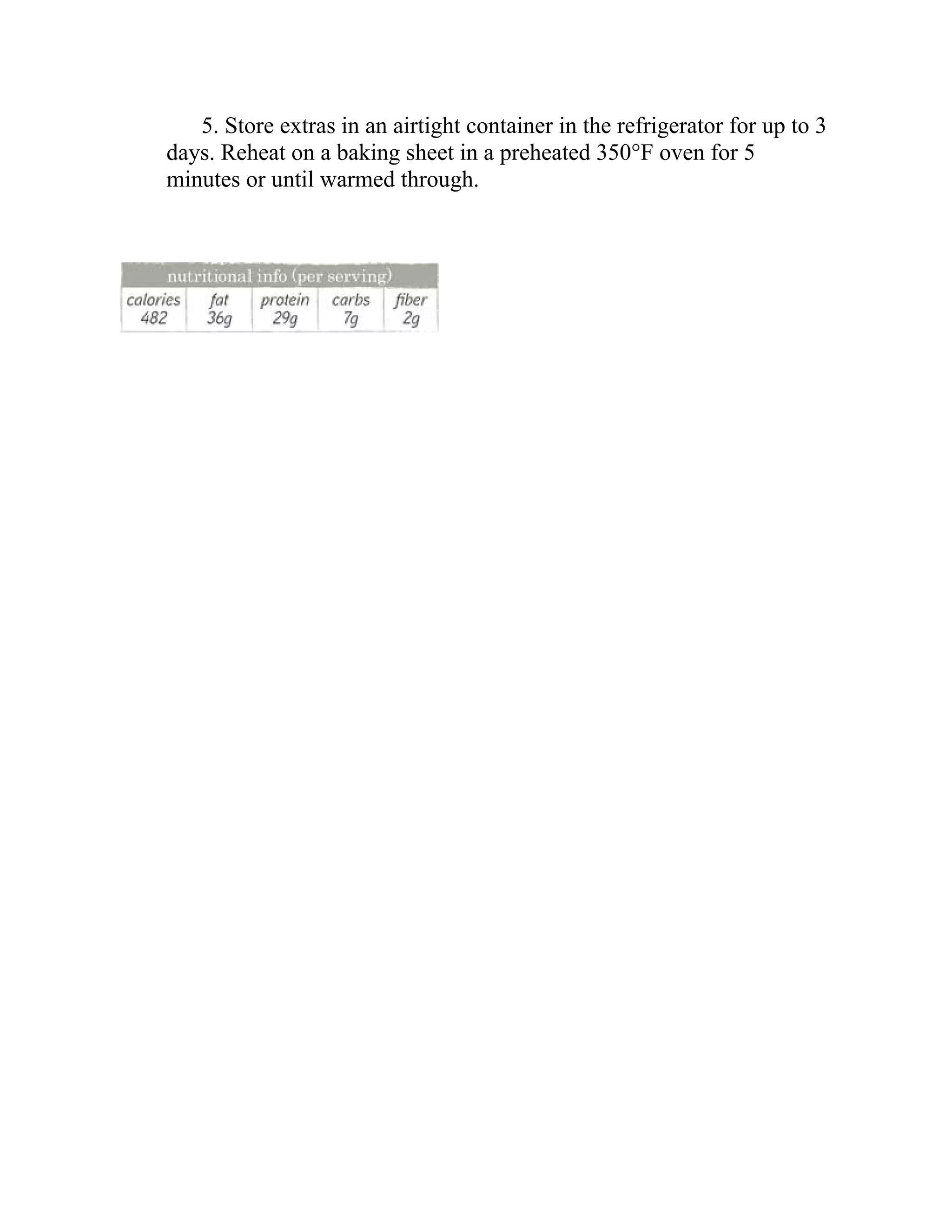 5. Store extras in an airtight container in the refrigerator for up to 3
days. Reheat on a baking sheet in a preheated 350°F oven for 5
minutes or until warmed through.
 