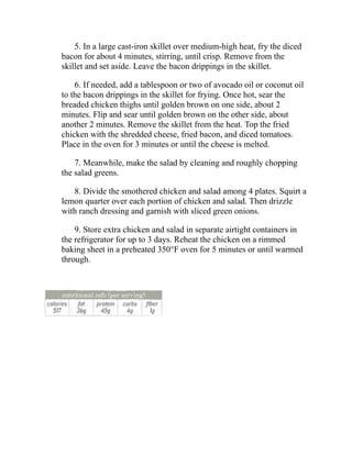 5. In a large cast-iron skillet over medium-high heat, fry the diced
bacon for about 4 minutes, stirring, until crisp. Remove from the
skillet and set aside. Leave the bacon drippings in the skillet.
6. If needed, add a tablespoon or two of avocado oil or coconut oil
to the bacon drippings in the skillet for frying. Once hot, sear the
breaded chicken thighs until golden brown on one side, about 2
minutes. Flip and sear until golden brown on the other side, about
another 2 minutes. Remove the skillet from the heat. Top the fried
chicken with the shredded cheese, fried bacon, and diced tomatoes.
Place in the oven for 3 minutes or until the cheese is melted.
7. Meanwhile, make the salad by cleaning and roughly chopping
the salad greens.
8. Divide the smothered chicken and salad among 4 plates. Squirt a
lemon quarter over each portion of chicken and salad. Then drizzle
with ranch dressing and garnish with sliced green onions.
9. Store extra chicken and salad in separate airtight containers in
the refrigerator for up to 3 days. Reheat the chicken on a rimmed
baking sheet in a preheated 350°F oven for 5 minutes or until warmed
through.
 
