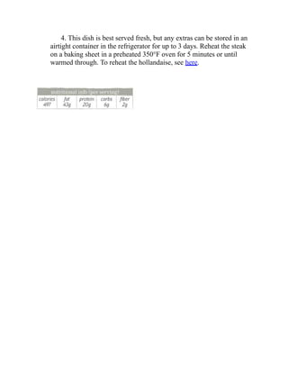 4. This dish is best served fresh, but any extras can be stored in an
airtight container in the refrigerator for up to 3 days. Reheat the steak
on a baking sheet in a preheated 350°F oven for 5 minutes or until
warmed through. To reheat the hollandaise, see here.
 