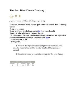 The Best Blue Cheese Dressing
prep time: 5 minutes yield: 2 cups (2 tablespoons per serving)
8 ounces crumbled blue cheese, plus extra if desired for a chunky
texture
¼ cup sour cream
¼ cup beef bone broth, homemade (here) or store-bought
¼ cup red wine vinegar or coconut vinegar
1½ tablespoons Swerve confectioners’-style sweetener or equivalent
amount of liquid or powdered sweetener (see here)
1 tablespoon MCT oil
1 clove garlic
1. Place all the ingredients in a food processor and blend until
smooth. Transfer to a jar. Stir in extra chunks of blue cheese, if
desired.
2. Store the dressing in a jar in the refrigerator for up to 5 days.
 