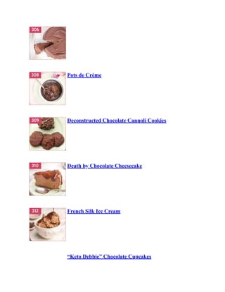 Pots de Crème
Deconstructed Chocolate Cannoli Cookies
Death by Chocolate Cheesecake
French Silk Ice Cream
“Keto Debbie” Chocolate Cupcakes
 