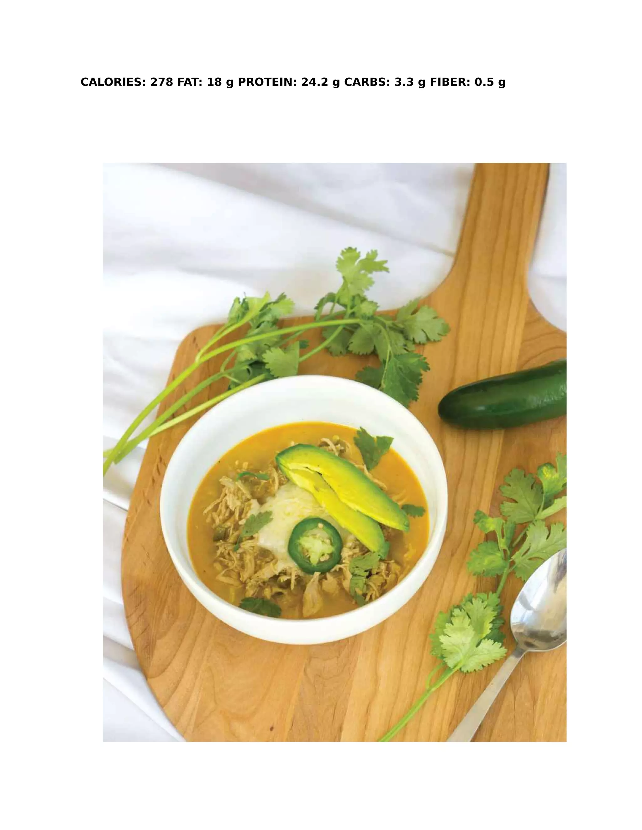 CALORIES: 278 FAT: 18 g PROTEIN: 24.2 g CARBS: 3.3 g FIBER: 0.5 g
 
