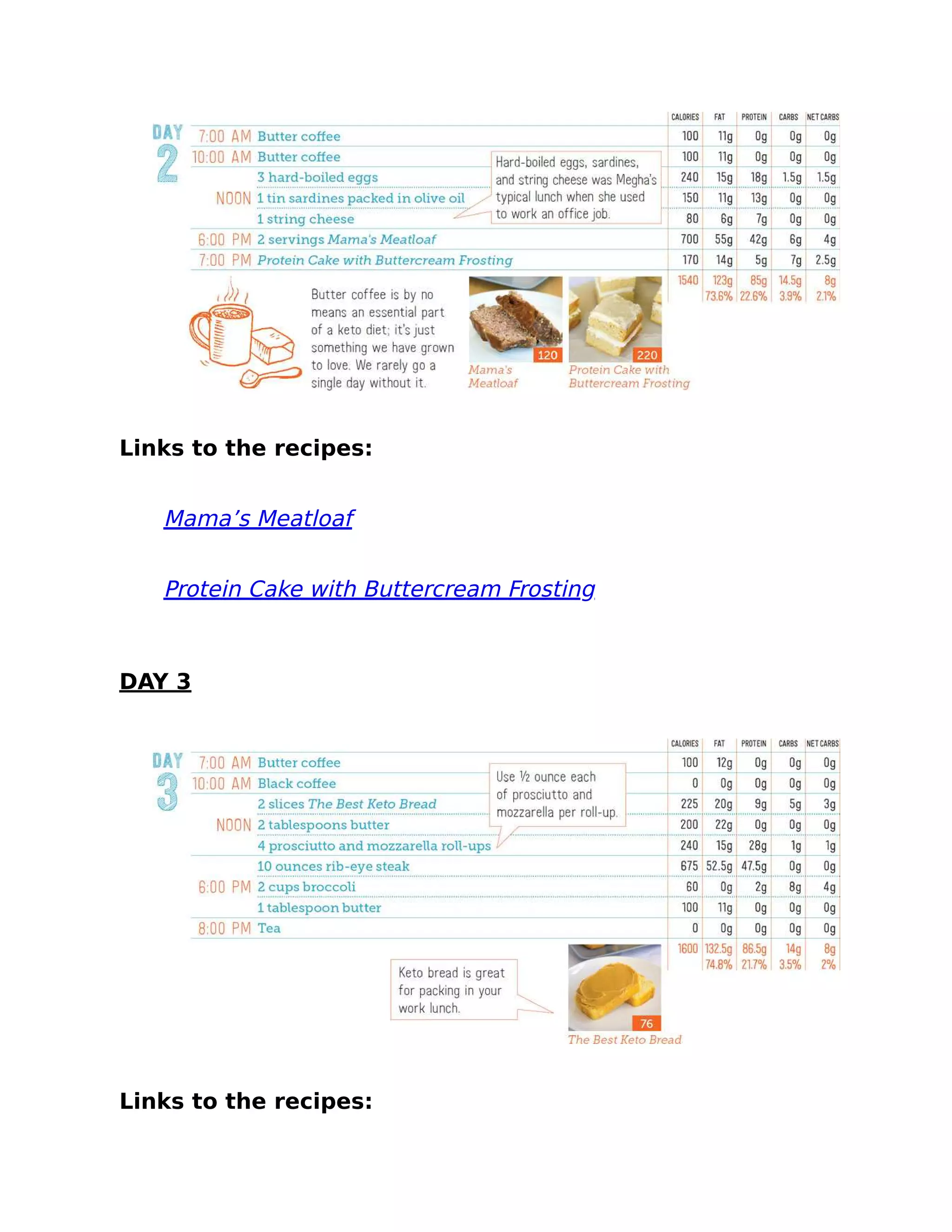Links to the recipes:
Mama’s Meatloaf
Protein Cake with Buttercream Frosting
DAY 3
Links to the recipes:
 