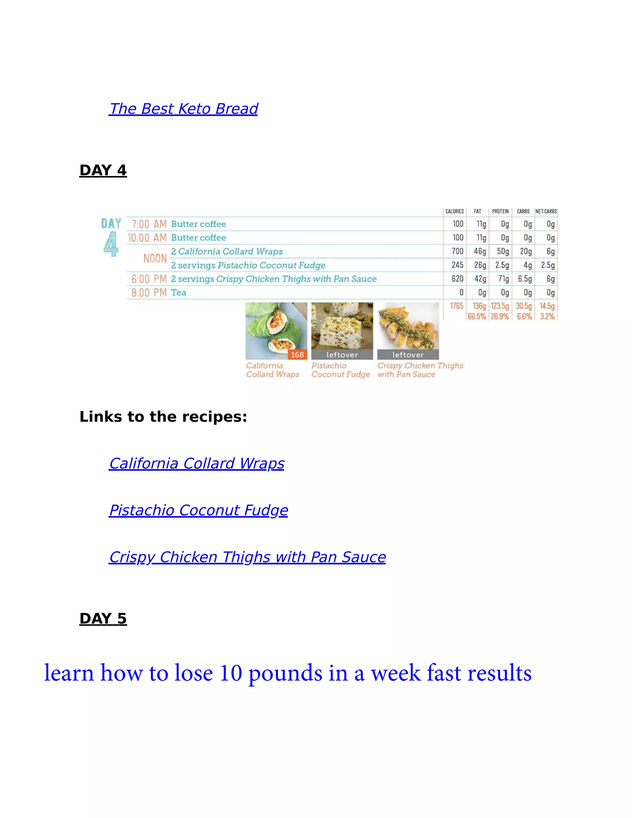 The Best Keto Bread
DAY 4
Links to the recipes:
California Collard Wraps
Pistachio Coconut Fudge
Crispy Chicken Thighs with Pan Sauce
DAY 5
learn how to lose 10 pounds in a week fast results
 