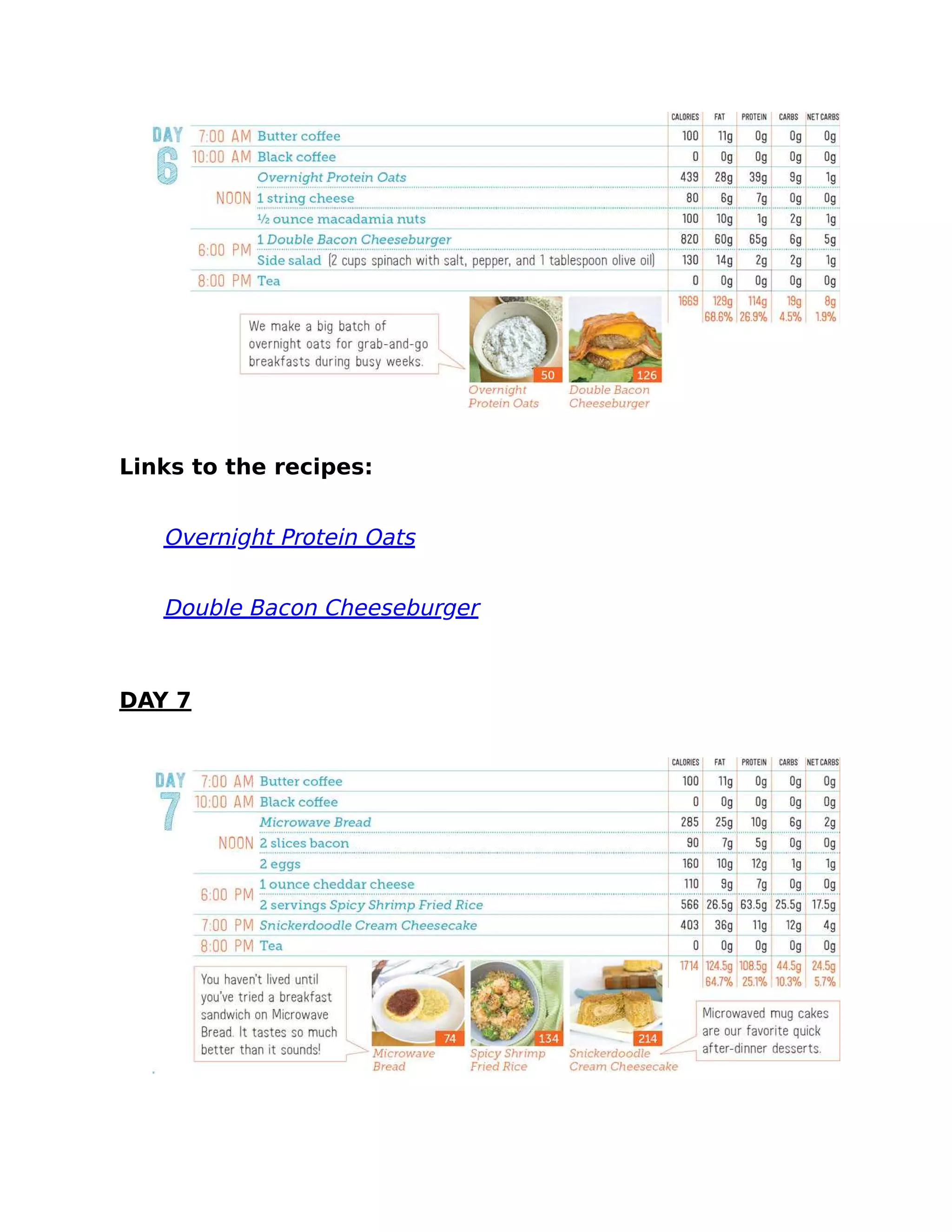 Links to the recipes:
Overnight Protein Oats
Double Bacon Cheeseburger
DAY 7
 