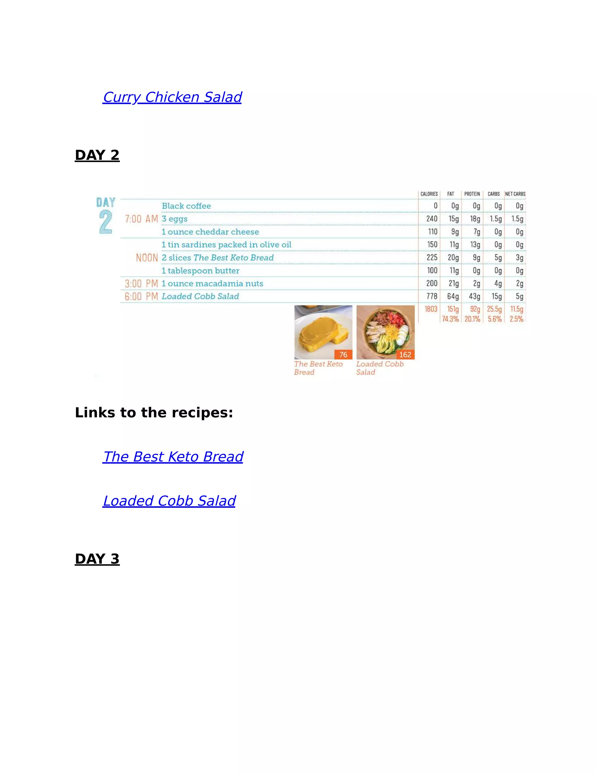 Curry Chicken Salad
DAY 2
Links to the recipes:
The Best Keto Bread
Loaded Cobb Salad
DAY 3
 