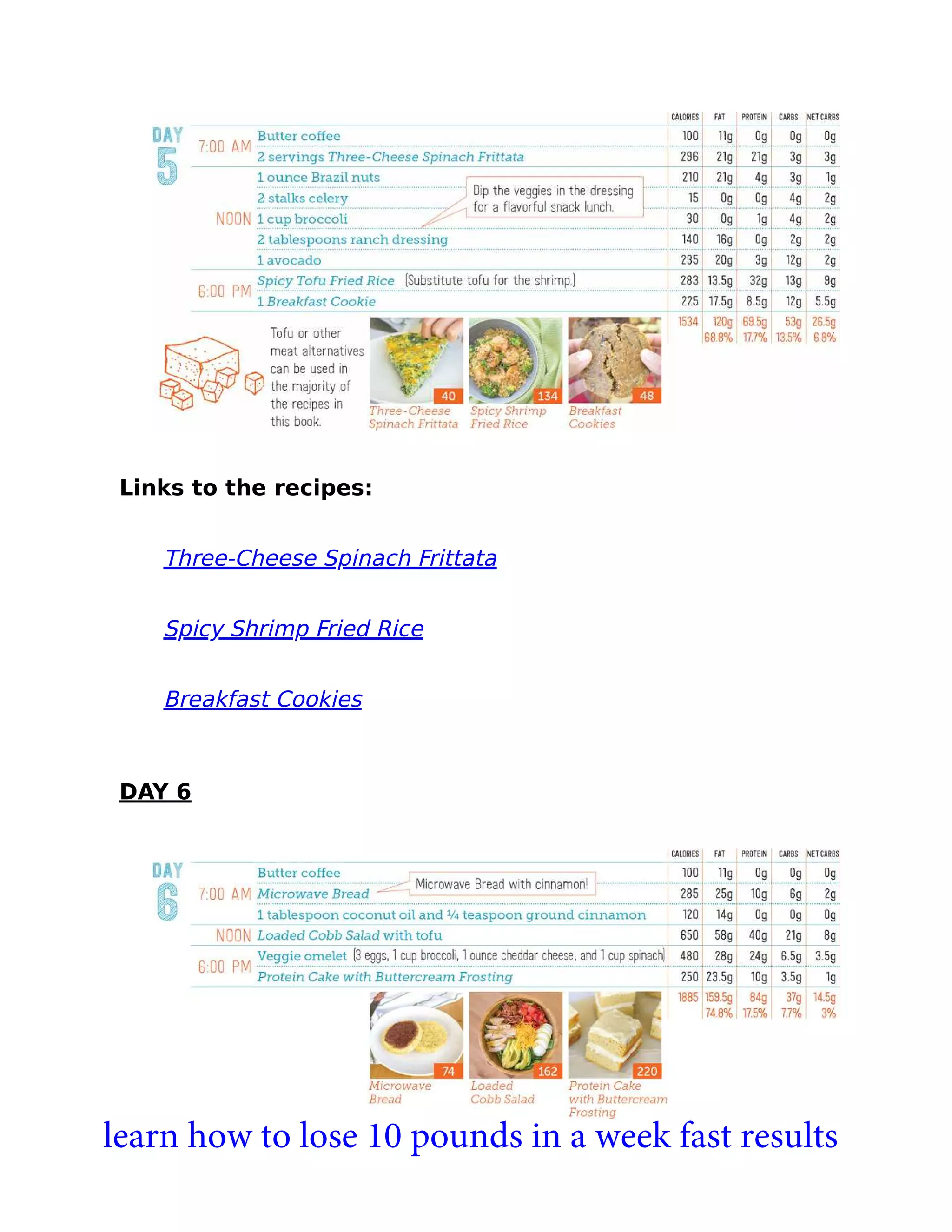 Links to the recipes:
Three-Cheese Spinach Frittata
Spicy Shrimp Fried Rice
Breakfast Cookies
DAY 6
learn how to lose 10 pounds in a week fast results
 