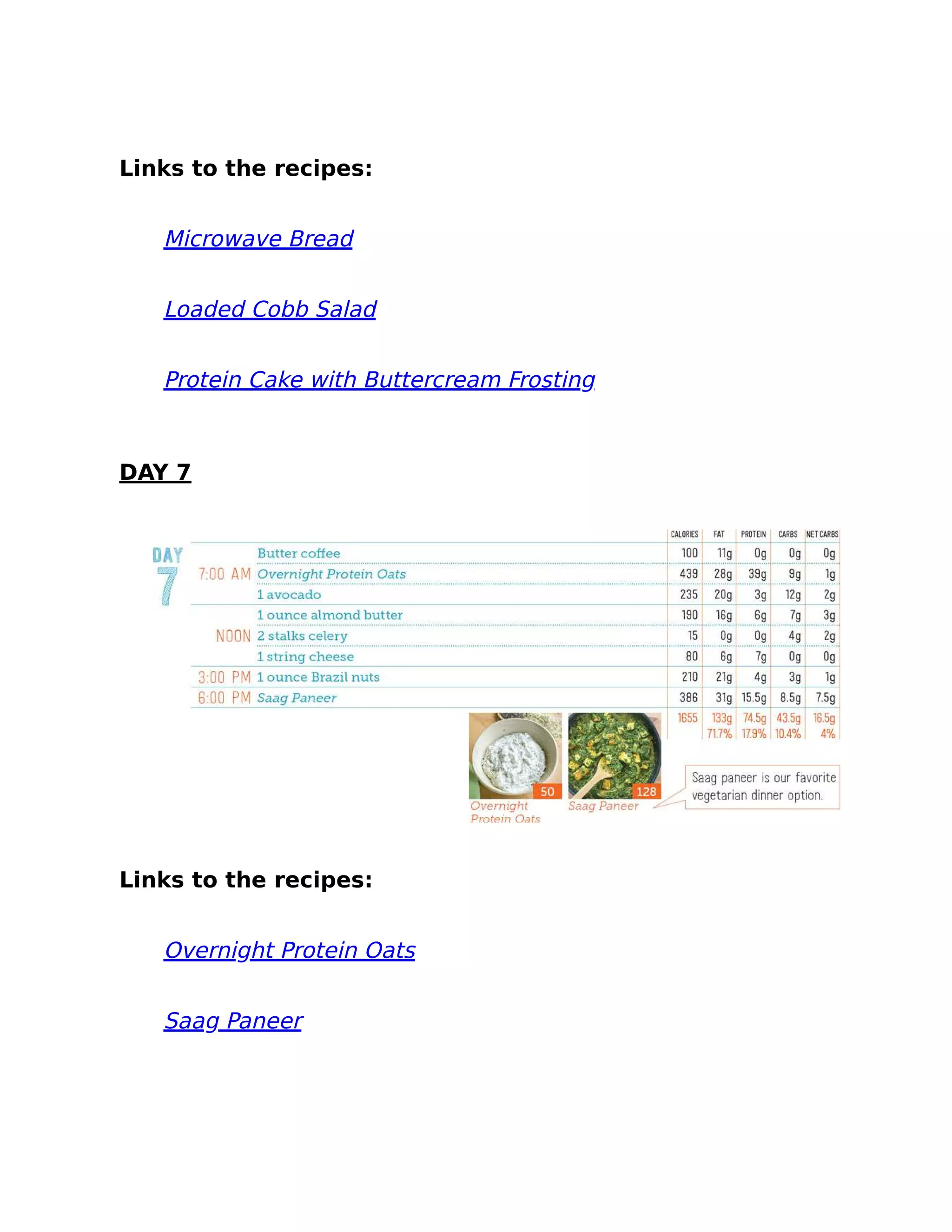 Links to the recipes:
Microwave Bread
Loaded Cobb Salad
Protein Cake with Buttercream Frosting
DAY 7
Links to the recipes:
Overnight Protein Oats
Saag Paneer
 