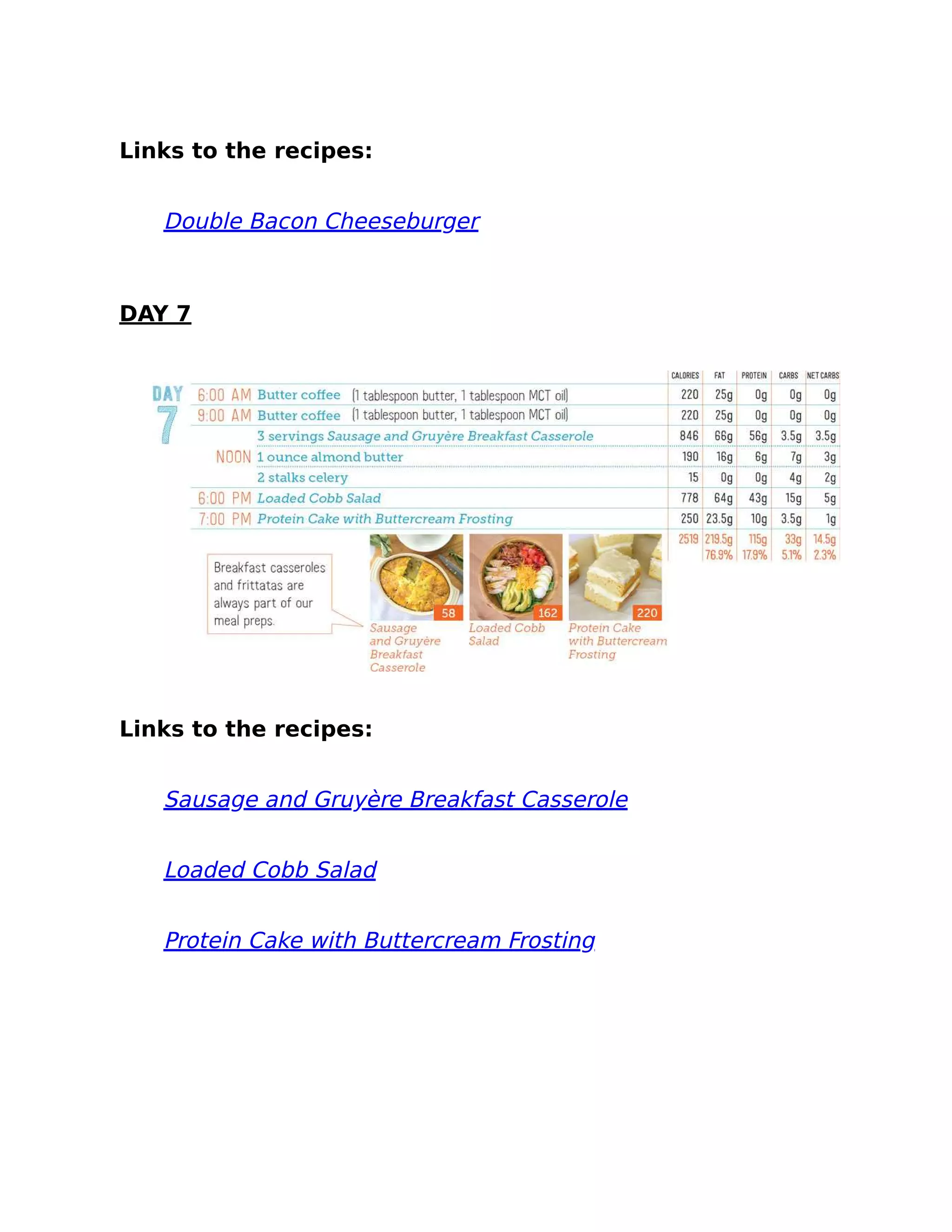 Links to the recipes:
Double Bacon Cheeseburger
DAY 7
Links to the recipes:
Sausage and Gruyère Breakfast Casserole
Loaded Cobb Salad
Protein Cake with Buttercream Frosting
 