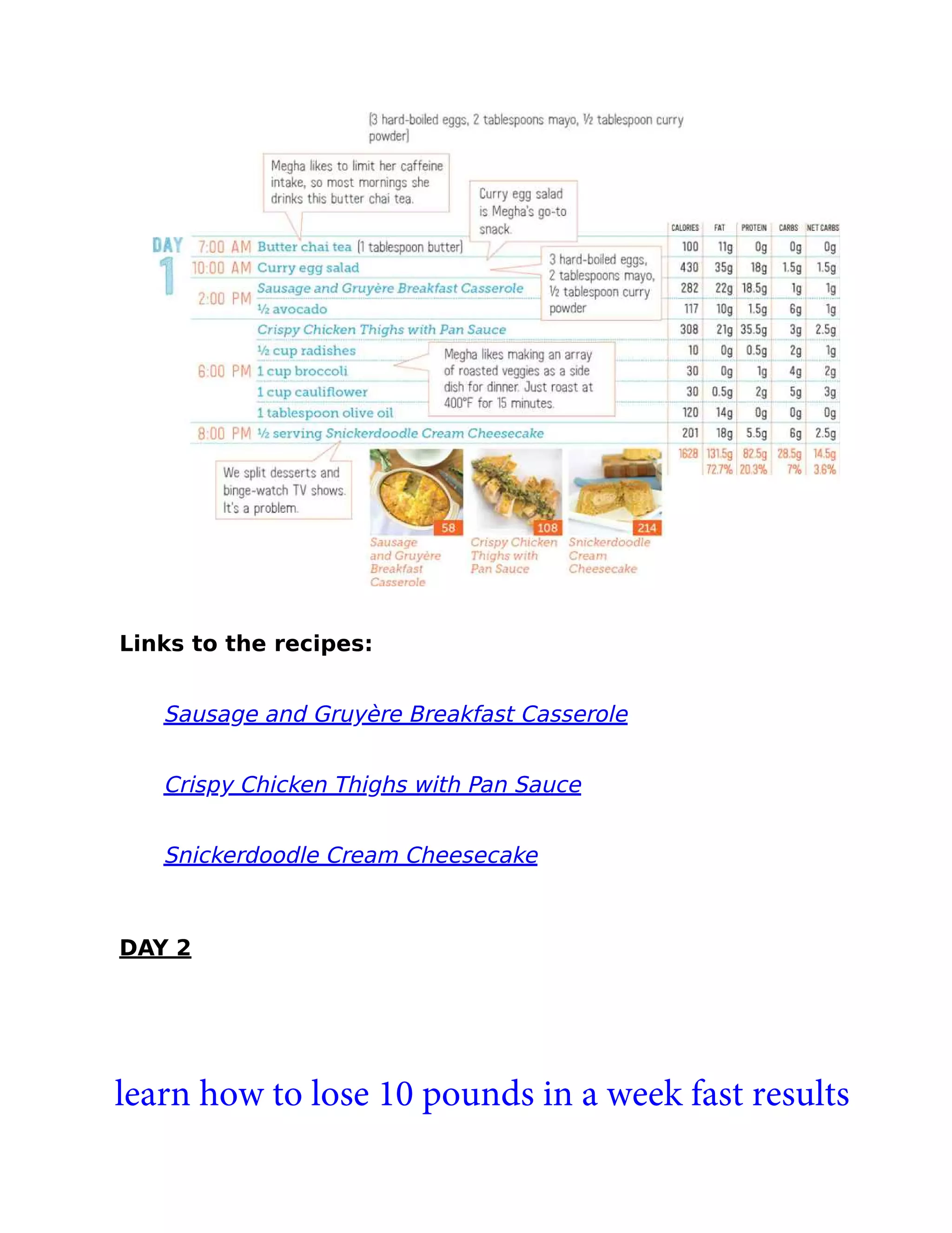 Links to the recipes:
Sausage and Gruyère Breakfast Casserole
Crispy Chicken Thighs with Pan Sauce
Snickerdoodle Cream Cheesecake
DAY 2
learn how to lose 10 pounds in a week fast results
 