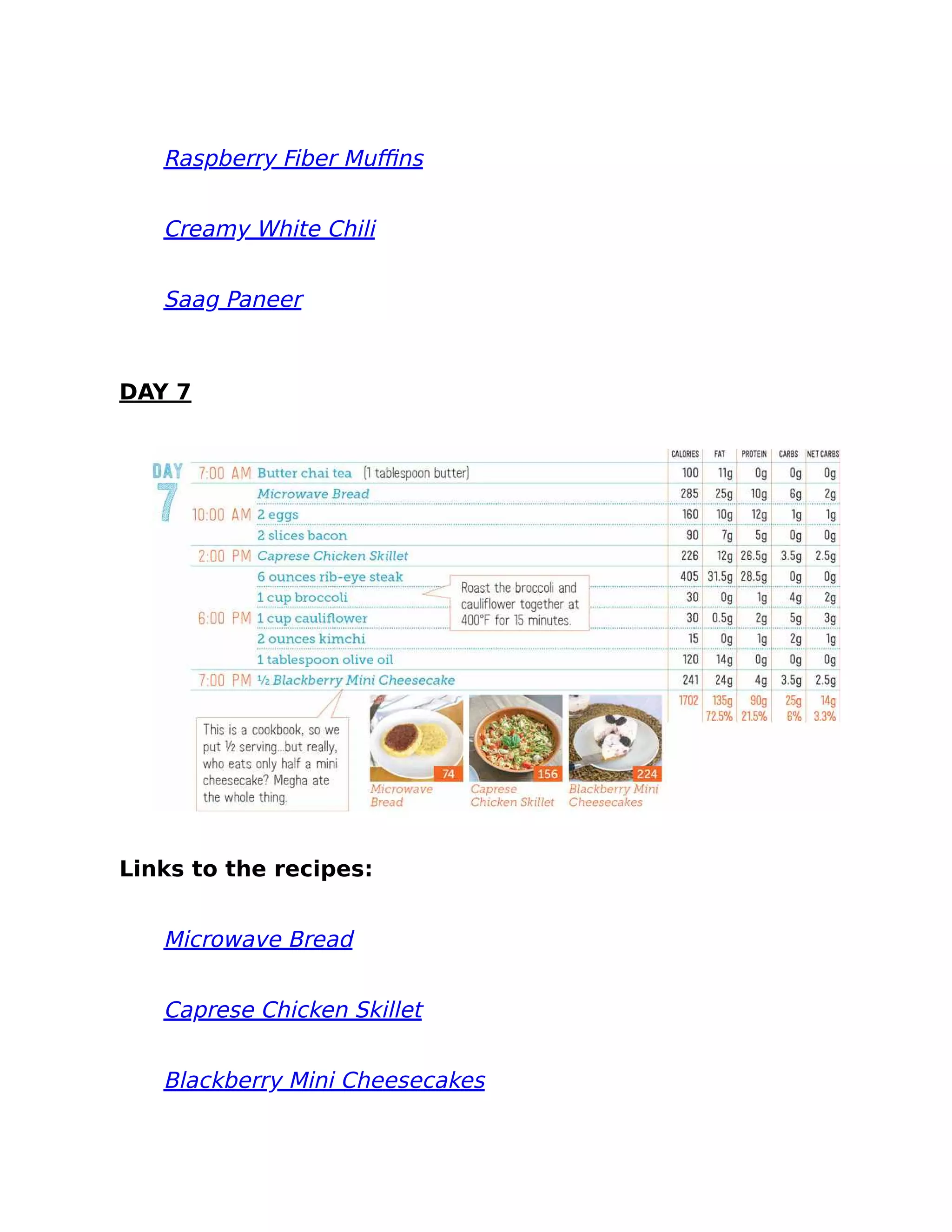 Raspberry Fiber Muﬃns
Creamy White Chili
Saag Paneer
DAY 7
Links to the recipes:
Microwave Bread
Caprese Chicken Skillet
Blackberry Mini Cheesecakes
 