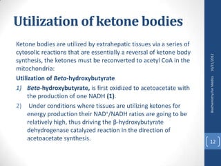 Utilization of ketone bodies
Ketone bodies are utilized by extrahepatic tissues via a series of
cytosolic reactions that are essentially a reversal of ketone body




                                                                     10/21/2012
synthesis, the ketones must be reconverted to acetyl CoA in the
mitochondria:
Utilization of Beta-hydroxybutyrate




                                                                     Biochemistry For Medics
1) Beta-hydroxybutyrate, is first oxidized to acetoacetate with
     the production of one NADH (1).
2) Under conditions where tissues are utilizing ketones for
     energy production their NAD+/NADH ratios are going to be
     relatively high, thus driving the β-hydroxybutyrate
     dehydrogenase catalyzed reaction in the direction of
     acetoacetate synthesis.                                         12
 