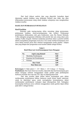 Dari hasil diskusi analisis data yang diperoleh, kemudian dapat
diputuskan apakah tindakan yang dilakukan berhasil atau tidak, dan akan
dilaksanakan perencanaan ulang untuk tindakan selanjutnya atau menghentikan
tindakan tersebut.
HASIL DAN PEMBAHASAN PENELITIAN
Hasil Penelitian
Deskripsi pada masing-masing siklus mencakup tahap perencanaan,
pelaksanaan tindakan, observasi/pengamatan, dan refleksi. Pelaksanaan
pembelajaran dilaksanakan oleh guru kolaborator, yaitu Ibu Hastuti Rohmah,
A.Ma sedangkan pengamatan dilakukan oleh peneliti dan satu orang rekan yaitu
Adhitya Yudha Anugrah. Sebelum melakukan penelitian siklus I, peneliti terlebih
dahulu mengadakan pengamatan awal (base line) untuk melihat kemampuan awal
siswa dalam menulis prosa fiksi sebelum menggunakan media gambar. Adapun
data yang didapat dari pengamatan awal tersebut adalah sebagai berikut.
Tabel 1
Hasil Observasi Awal Kemampuan Guru Mengajar
No. Aspek yang diamati Skor
1. Membuka Pembelajaran 3,00
2. Kegiatan Inti Pembelajaran 3,09
3. Penutup 3,00
Skor Total 3,09
Skor Rata-rata 3,03
Keterangan: 4= Baik sekali; 3 – 3,9 = Baik; 2 – 2,9= Cukup; < 2 = Kurang
Pembahasan: Dari hasil observasi tersebut, diperoleh data hasil kemampuan guru
dalam mengajar sebelum menggunakan media gambar pada pembelajaran
berbicara memiliki skor rata-rata 3,03. Skor ini dikategorikan baik.
Dari data tersebut dapat dilihat bahwa kemampuan guru dalam
melaksanakan pembelajaran bahasa Indonesia masih belum begitu maksimal,
untuk itu diperlukan upaya untuk meningkatkan kemampuannya dalam
melaksanakan pembelajaran walaupun dapat dikategorikan baik. Sedangkan
keterampilan berbicara siswa sebelum menggunakan media gambar dapat dilihat
pada tabel 2 sebagai berikut.
 
