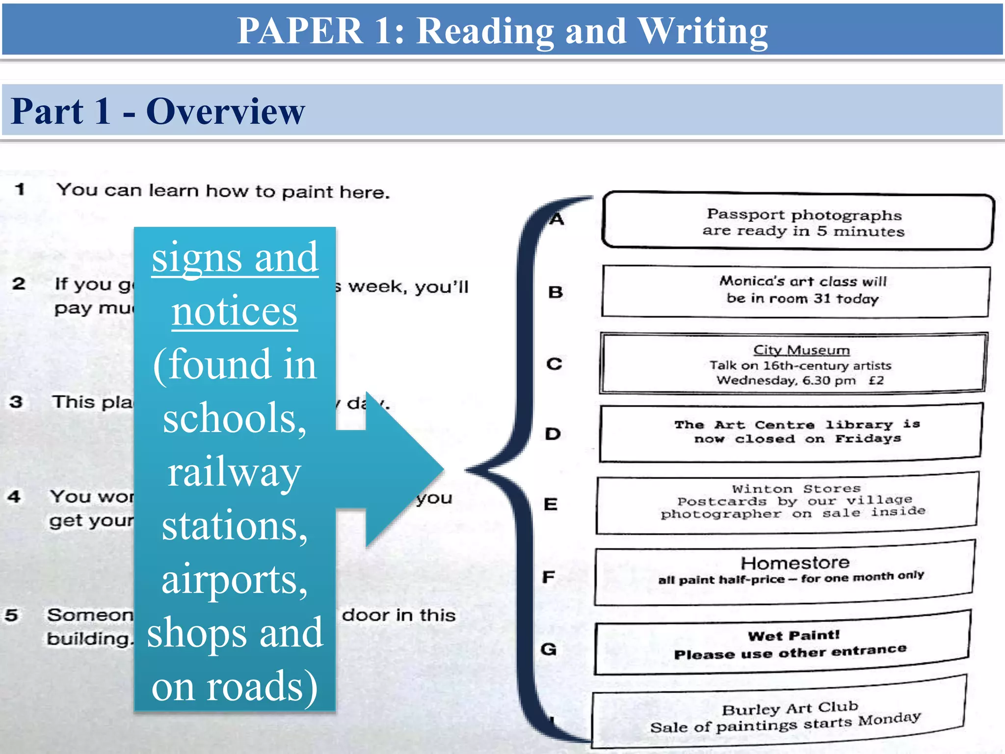 PAPER 1: Reading and Writing
Part 1 - Overview
signs and
notices
(found in
schools,
railway
stations,
airports,
shops and
on roads)
 