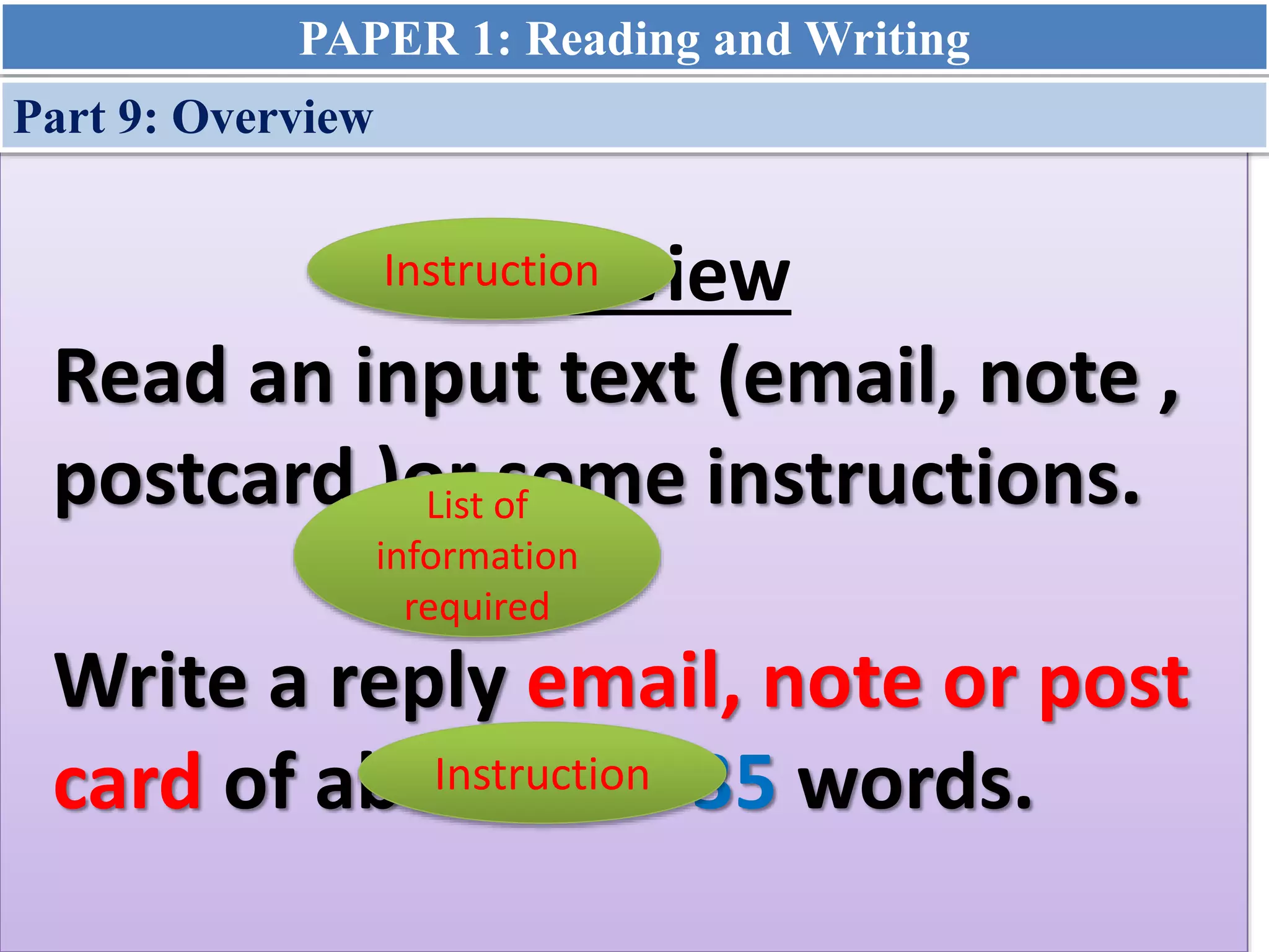 Overview
Read an input text (email, note ,
postcard )or some instructions.
Write a reply email, note or post
card of about 25 - 35 words.
Instruction
List of
information
required
Instruction
PAPER 1: Reading and Writing
Part 9: Overview
 