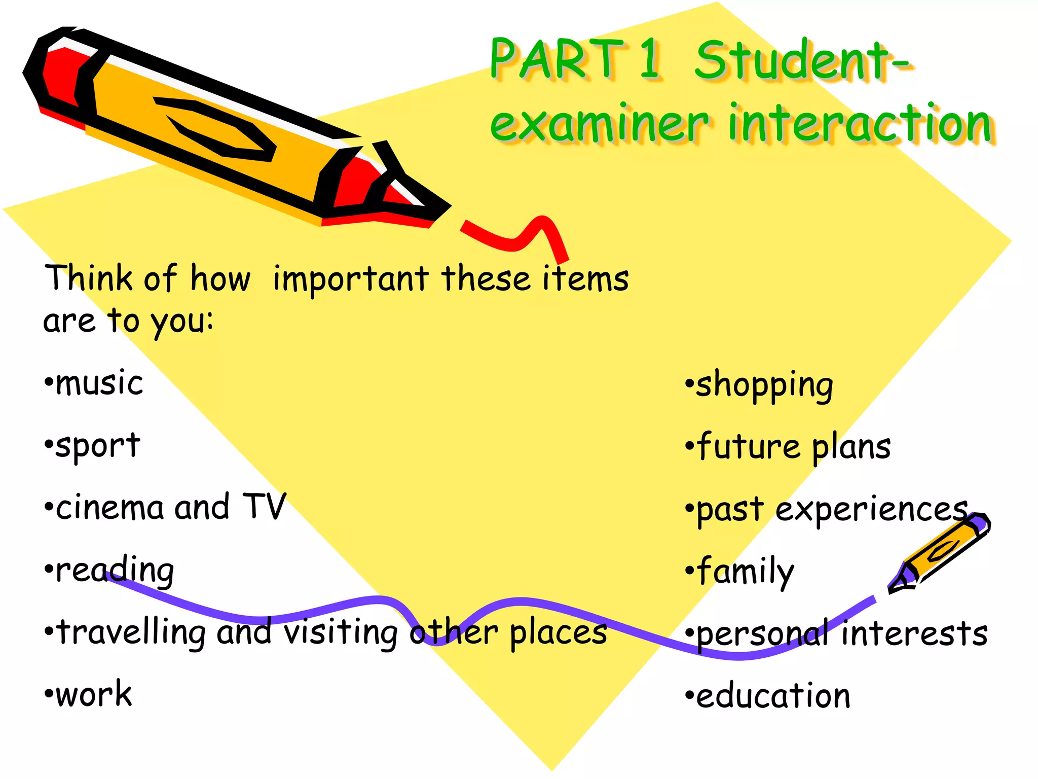 PART 1  Student-examinerinteractionThink of how  important these items are to you:music
