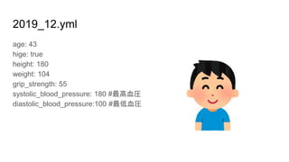 2019_12.yml
age: 43
hige: true
height: 180
weight: 104
grip_strength: 55
systolic_blood_pressure: 180 #ѪR
diastolic_blood_pressure:100 #ѪR
 