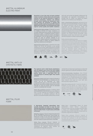 #KETTAL ALUMINIUM
ÉLECTRO-PAINT

                    Aluminium is one of the most corrosion-resistant              peint avec de la poudre de polyester (utilisée pour les
                    metals in existence. Kettal selects and continuously          automobiles) par application électrostatique. Ce
                    controls its raw material aluminium in regard to              procédé final lui confère une qualité de surface
                    chemical composition, hardness and elasticity                 optimale et une résistance aux intempéries.
                    through stress, bending and temperature tests.
                    Once selected, the aluminium is painted with                  Kettal - pulverlackiertes Aluminium: Aluminium ist ein
                    polyester powder (used in the automobile industry)            besonders korrosionsbeständiges Nichteisen-Metall.
                    applied electrostatically. This finishing process lends       Der Rohstoff Aluminium wird von Kettal sorgfältig
                    superior surface quality and weather resistance.              ausgewählt und mittels Belastungs-, Biege- und
                                                                                  Temperaturversuchen ständig auf chemische Zu-
                    Kettal aluminio electro-pintado: El Aluminio es uno de        sammensetzung, Härte und Elastizität geprüft. Nach der
                    los metales no ferroso con mayor resistencia a la             Auswahl wird das Aluminium in einem elektrostatischen
                    corrosión. Kettal selecciona y controla su materia prima      Verfahren mit Polyesterpulverlack (wie er auch im Kfz-
                    aluminio en cuanto a composición química, dureza y            Industrie zum Einsatz kommt) beschichtet. Diese
                    elasticidad mediante pruebas de esfuerzo, de doblaje y        Behandlung verleiht dem Aluminium eine optimale
                    de temperatura. Una vez seleccionado el aluminio es           Oberflächenqualität und Witterungsbeständigkeit.
                    pintado con polvo de poliéster (utilizado en los
                    automóviles) mediante aplicación electroestatica. Este        Kettal, alluminio elettroverniciato
                    proceso de acabo le confiere una óptima calidad de            L’alluminio è uno dei metalli non ferrosi con maggior
                    superficie y resistencia a la intemperie.                     resistenza alla corrosione. Kettal seleziona e controlla
                                                                                  continuamente la sua materia prima, l’alluminio, in
                    Kettal aluminium électro-peint: L’aluminium est un des        quanto a composizione chimica, durezza ed elasticità,
                    métaux non ferreux qui possède la plus grande                 tramite prove di sforzo, di piegatura e temperatura.
                    résistance à la corrosion. Kettal sélectionne et contrôle     Una volta selezionato, l’alluminio è colorato con
                    en permanence ses matières premières en aluminium             polvere di poliestere (quella utilizzata per le
                    quant à sa composition chimique, sa dureté et son             automobili) mediante applicazione elettrostatica.
                    élasticité à l’aide de tests d’effort, de doublage et de      Questo processo di finitura gli conferisce un’ottima
                    température. Une fois sélectionné, l’aluminium est            qualità di superficie e resistenza alle intemperie.



                                               M1
                                                                                K!!!


#KETTAL ANTI-UV
SYNTHETIC FIBRE
                    The material used is high-density polyethylene                colorée dans la masse (qui ne perd pas sa couleur) de
                    with UV inhibitors and is one of the most suitable            densité supérieure à la densité standard du marché.
                    materials for outdoor use. To guarantee perfect
                    quality, Kettal uses a mass-dyed fibre (for                   Kettal–UV-beständige Kunstfaser: Zum Einsatz
                    colourfastness) of a density higher than market               gelangt Polyethylen hoher Dichte mit UV-Inhibitoren,
                    standard.                                                     eines der besten Materialien für die Verwendung im
                                                                                  Außenbereich. Zur Gewährleistung einer perfekten
                    Kettal fibra sintética anti-UV: El material utilizado es      Qualität verwendet Kettal eine in Masse gefärbte
                    Polietileno de alta densidad con inhibidores de UV,           Faser (bleicht nicht aus) mit einer über dem
                    siendo uno de los materiales con mejor                        Marktstandard liegenden Dichte.
                    comportamiento para su uso en el exterior. Para
                    garantizar una perfecta calidad, Kettal usa una fibra         Kettal, fibra sintetica anti-UV: Il materiale utilizzato è il
                    colorada en masa (no pierde color) de densidad                Polietilene ad alta densità con inibitori degli UV,
                    superior al estándard del mercado.                            essendo uno dei materiali con la resa migliore nell’utilizzo
                                                                                  all’esterno. Per garantire una qualità perfetta, Kettal
                    Kettal, fibre synthétique anti-UV: Le matériau utilisé        utilizza una fibra colorata in massa (non perde colore) di
                    est le polyéthylène haute densité avec des inhibiteurs        densità superiore agli standard di mercato.
                    d’UV, l’un des matériaux qui présente le meilleur
                    comportement en utilisation extérieure. Afin de
                    garantir une excellente qualité, Kettal utilise une fibre            EN-581-4   EN-1421   EN-1021 1/2




#KETTAL PUUR
FOAM
                    A high-density integrated polyurethane foam                   Kettal Puur - Schaumstoff: Eigens für Kettal
                    specially developed by Kettal to meet the most                entwickelter,     hoch        dichter    Polyurethan-
                    exacting requirements of resistance for the outdoors.         Vollschaumstoff, erfüllt die strengsten Anforderungen
                    Since it is made of foam, it is particularly comfortable      in Bezug auf Außenbeständigkeit. Dank seiner
                    to the touch.                                                 speziellen Eigenschaften bietet der Schaumstoff ein
                                                                                  besonders angenehmes Griffgefühl.
                    Kettal Puur espuma: Espuma integral de polierutano
                    de alta densidad especialmente desarrollada por               Kettal Puur, schiuma: Schiuma integrale di
                    Kettal para cumplir con las más altas exigencias de           poliuretano ad alta densità sviluppata specificamente
                    resistencia en exterior. Al tratarse de una espuma el         da Kettal per soddisfare le più alte esigenze di
                    tacto del material es particularmente confortable.            resistenza all’esterno. In quanto schiuma, il materiale
                                                                                  è particolarmente piacevole al tatto.
                    Kettal Puur, mousse: Mousse intégrale en
                    polyuréthane haute densité spécialement conçu pour
                    Kettal afin de répondre aux plus grandes exigences de
                    résistances en extérieur. Cette mousse est
                    particulièrement agréable au toucher.                              EN-581-4         M2




    162
 