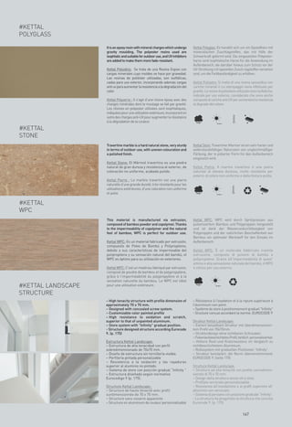 #KETTAL
POLYGLASS

                    It is an epoxy resin with mineral charges which undergo      Kettal Polyglas: Es handelt sich um ein Epoxidharz mit
                    gravity moulding. The polyester resins used are              mineralischen Zuschlagstoffen, das mit Hilfe der
                    isophtalic and suitable for outdoor use, and UV inhibitors   Schwerkraft geformt wird. Die eingesetzten Polyester-
                    are added to make them more fade-resistant.                  harze sind isophtalische Harze für die Anwendung im
                                                                                 Außenbereich, die darüber hinaus zum Schutz vor der
                    Kettal Polividrio: Se trata de una Resina Expoxi con         UV-Strahlung mit speziellen Zusch-lagstoffen versehen
                    cargas minerales cuyo moldeo se hace por gravedad.           sind, um die Farbbeständigkeit zu erhöhen.
                    Las resinas de poliéster utilizadas, son isoftálicas,
                    cadas para uso exterior, incorporando además cargas          Kettal Polivetro: Si tratta di una resina epossidica con
                    anti uv para aumentar la resistencia a la degradación del    cariche minerali il cui stampaggio viene effettuato per
                    color.                                                       gravità. Le resine di poliestere utilizzate sono isoftaliche,
                                                                                 indicate per uso esterno, considerato che sono anche
                    Kettal Polyverre : Il s’agit d’une résine époxy avec des     composte di cariche anti UV per aumentare la resistenza
                    charges minérales dont le moulage se fait par gravité.       al degrado del colore.
                    Les résines en polyester utilisées sont isophtaliques,
                    indiquées pour une utilisation extérieure, incorporant en
                    outre des charges anti-UV pour augmenter la résistance
                    à la dégradation de la couleur.                                                EN-581-4




#KETTAL
STONE
                    Travertine marble is a hard natural stone, very sturdy       Kettal Stein: Travertiner Marmor ist ein sehr harter und
                    in terms of outdoor use, with uneven colouration and         widerstandsfähiger Naturstein von ungleichmäßiger
                    a polished finish.                                           Färbung, der in polierter Form für den Außenbereich
                                                                                 eingesetzt wird.
                    Kettal Stone: El Mármol travertino es una piedra
                    natural de gran dureza y resistencia al exterior, de         Kettal Pietra: Il marmo travertino è una pietra
                    coloración no uniforme, acabado pulido.                      naturale di elevata durezza, molto resistente per
                                                                                 esterni, di colore non uniforme e dalla finitura pulita.
                    Kettal Pierre : Le marbre travertin est une pierre
                    naturelle d’une grande dureté, très résistante pour les
                    utilisations extérieures, d’une coloration non uniforme
                    et polie.                                                                      EN-581-4




#KETTAL
WPC
                    This material is manufactured via extrusion,                 Kettal WPC: WPC wird durch Spritzpressen aus
                    composed of bamboo powder and copolymer. Thanks              pulverisiertem Bambus und Polypropylen hergestellt
                    to the impermeability of copolymer and the natural           und ist dank der Wasserundurchlässigkeit von
                    feel of bamboo, WPC is perfect for outdoor use.              Polypropylen und der natürlichen Beschaffenheit von
                                                                                 Bambus ein optimaler Werkstoff für den Einsatz im
                    Kettal WPC: Es un material fabricado por extrusión,          Außenbereich.
                    compuesto de Polvo de Bambú y Polipropileno,
                    debido a sus características de impermeable del              Kettal WPC: È un materiale fabbricato tramite
                    polipropileno y su sensación natural del bambú, el           estrusione, composto di polvere di bambù e
                    WPC es óptimo para su utilización en exteriores.             polipropilene. Grazie all’impermeabilità di quest’
                                                                                 ultimo e alla sensazione naturale del bambù, il WPC
                    Kettal WPC: C’est un matériau fabriqué par extrusion,        è ottimo per uso esterno.
                    composé de poudre de bambou et de polypropylène,
                    grâce à l’imperméabilité du polypropylène et à la
                    sensation naturelle du bambou. Le WPC est idéal
#KETTAL LANDSCAPE   pour une utilisation extérieure.                                              EN-581-4




STRUCTURE
                    – High tenacity structure with profile dimension of          – Résistance à l'oxydation et à la rayure supérieure à
                    approximately 70 x 70 mm.                                    l'aluminium non peint.
                    – Designed with concealed screw system.                      – Système de store à positionnement graduel "Infinity"
                    – Customizable color painted profile                         - Sructure conçue accordant la norme: EUROCODE 9
                    – High resistance to oxidation and scratch,
                    superior to that of unpainted aluminum.                      Struktur Kettal Landscape:
                    – Store system with "Infinity" gradual position.             – Extrem belastbare Struktur mit überdimensionier-
                    - Structure designed structure according Eurocode            tem Profil von 70x70mm.
                    9. (p. 175)                                                  – Strukturdesign ohne sichtbaren Schrauben
                                                                                 –Pulverlackbeschichtetes Profil, farblich personalisierbar.
                    Estructura Kettal Landscape:                                 – Höhere Rost-und Kratzresistenz im Vergleich zu
                    – Estructura de alta tenacidad con perfil                    nichtbeschichtetem Aluminium.
                    sobredimensionado de 70x70 mm.                               – Rollosystem mit graduellen Positionen “Infinity”.
                    – Diseño de estructura sin tornillería visible.              – Struktur konzipiert, die Norm übereinstimmend:
                    – Perfilería pintada personalizable                          EUROCODE 9. (seite 175)
                    – Resistencia a la oxidación y las rayaduras
                    superior al aluminio no pintado.                             Struttura Kettal Landscape:
                    – Sistema de store con posición gradual “Infinity ”          – Struttura ad alta tenacità con profilo sovradimen-
                    – Estructura diseñada según normativa                        sionato di 70 x 70 mm.
                    Eurocodigo 9 (p. 175).                                       – Design della struttura senza viti a vista.
                                                                                 – Profilato verniciato personalizzabile.
                    Structure Kettal Landscape:                                  – Resistenza all'ossidazione e ai graffi superiore all’
                    – Structure de haute ténacité avec profil                    alluminio non verniciato.
                    surdimensionnée de 70 x 70 mm.                               – Sistema di persiane con posizione graduale “Infinity”.
                    – Structure sans visserie apparente                          - La struttura ha progettato la struttura che concilia
                    – Structure en aluminium de couleur personnalisable          Eurocode 9. (p. 175)


                                                                                                                      167
 